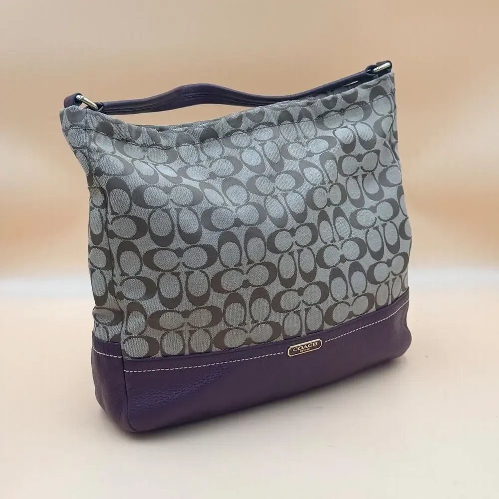 Coach Signature Jacquard Hobo Bag Khaki Purple Leather Shoulder Purse